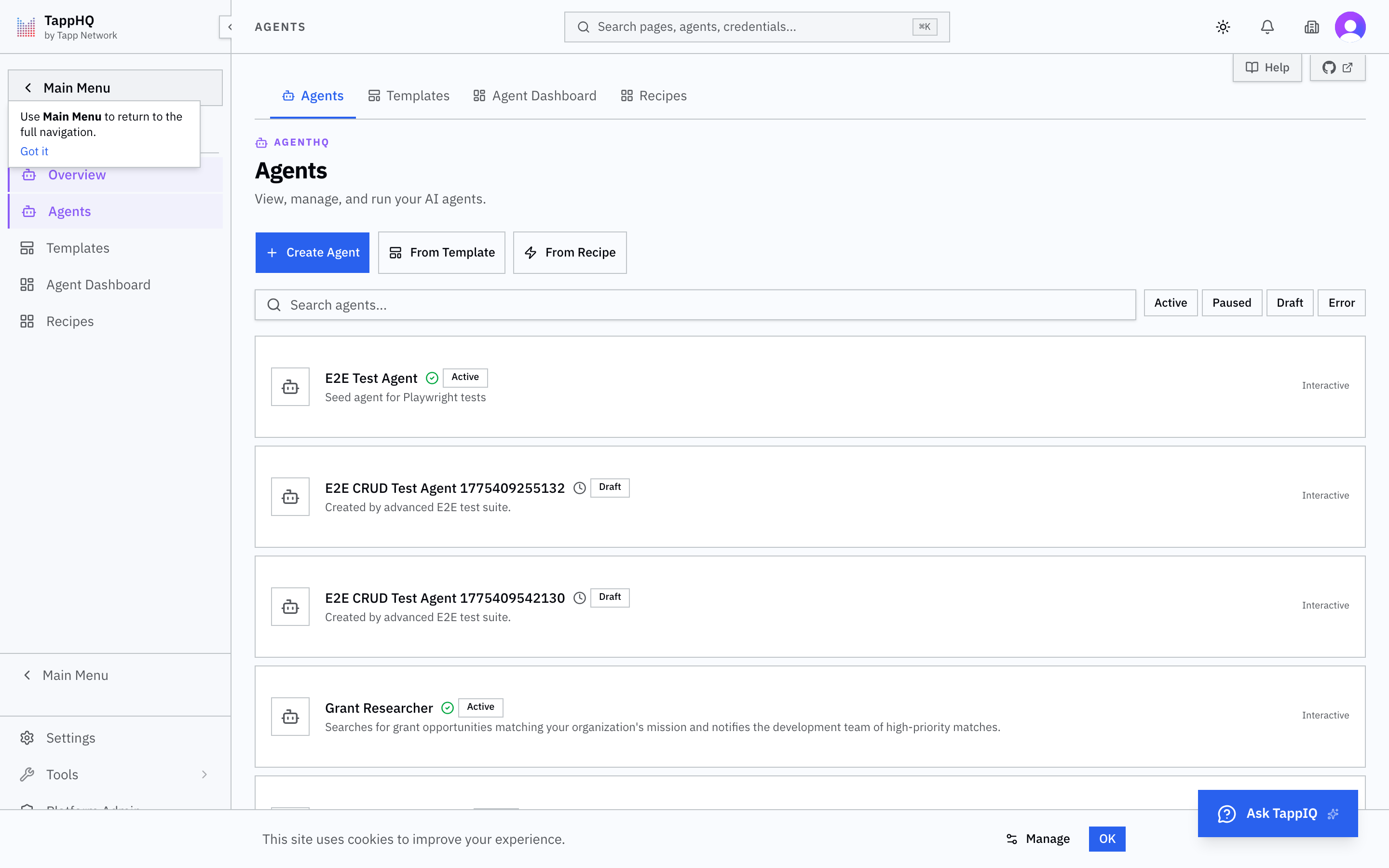 AgentHQ platform screenshot