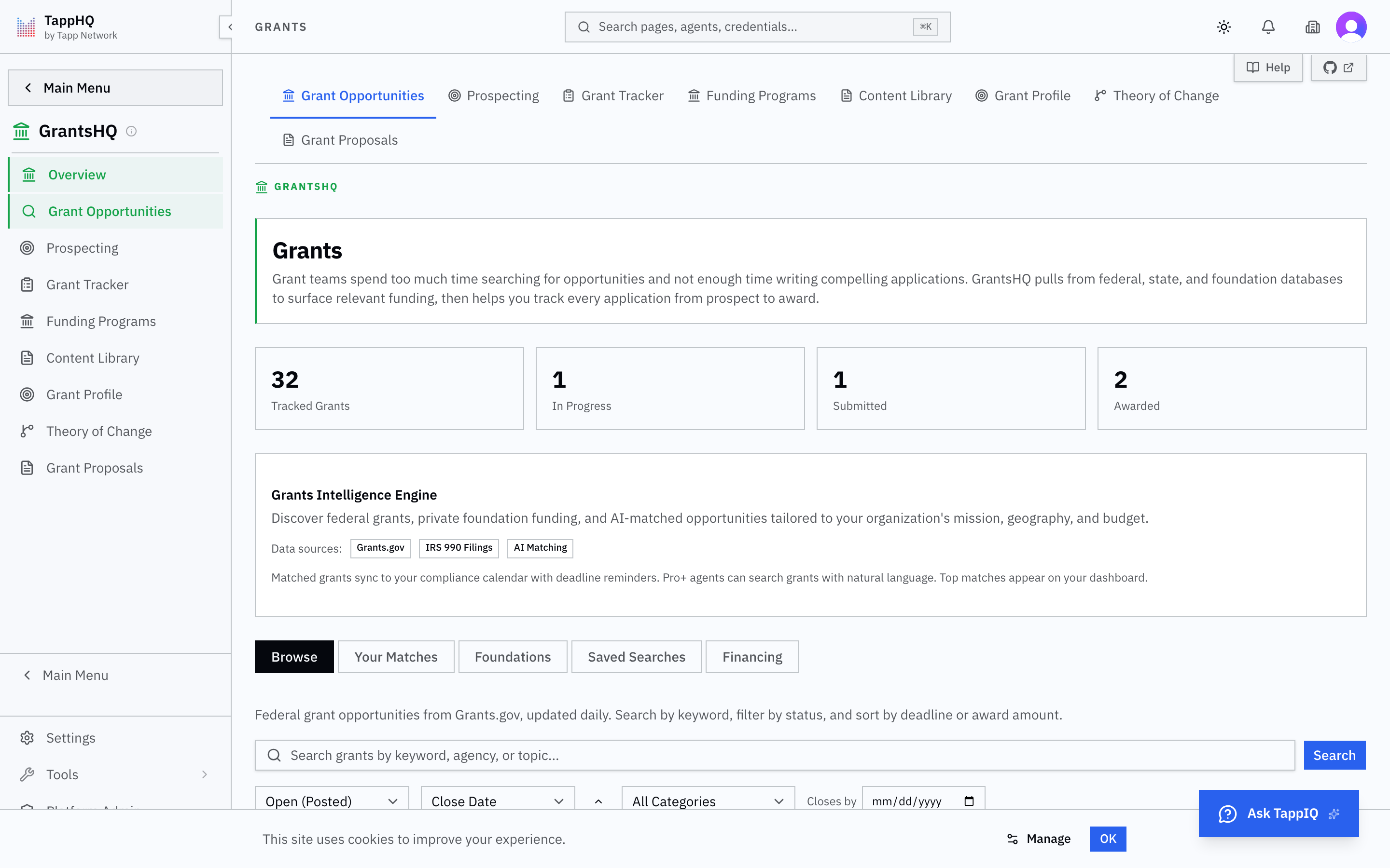 GrantsHQ platform screenshot